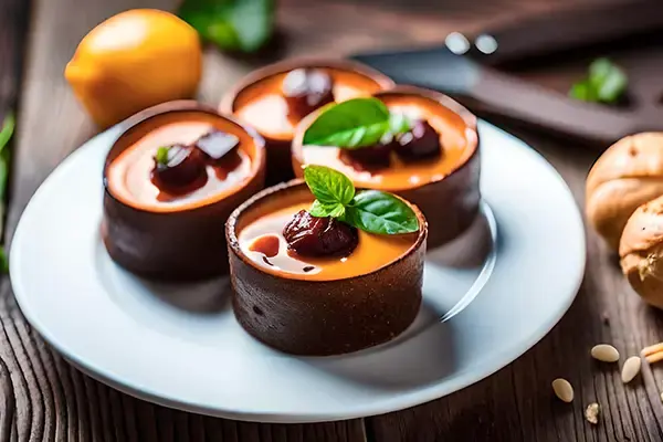 Entremet au lait d'avoine, dattes et crème de noisette, chocolat noir